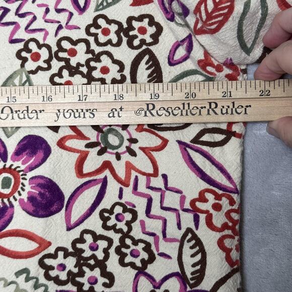 Hot Cotton Shirt Womens Large Cream Multicolor Floral Button Front Short Sleeve - Picture 9 of 11